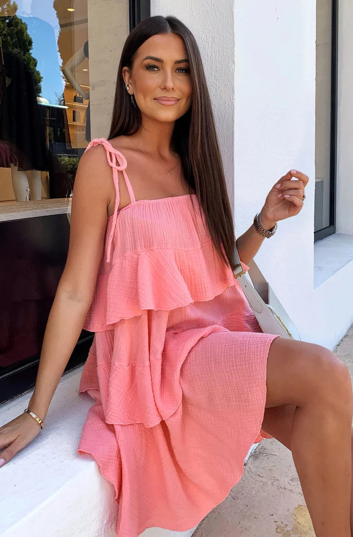 ANGELA PLAIN TIERED DRESS - CORAL