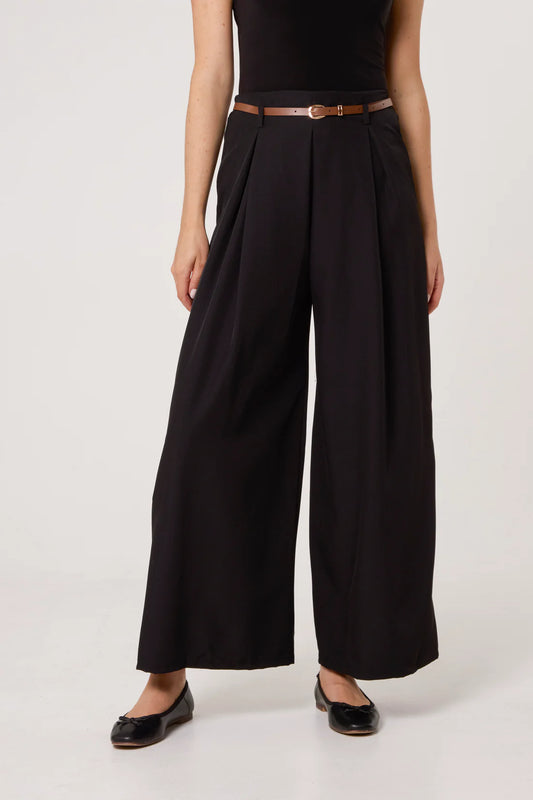 KATIE PLEATED FRONT BELTED PALAZZO TROUSERS