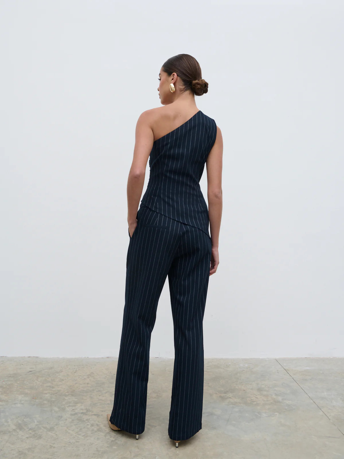 LORNA ONE SHOULDER RUCHED PINSTRIPE TOP