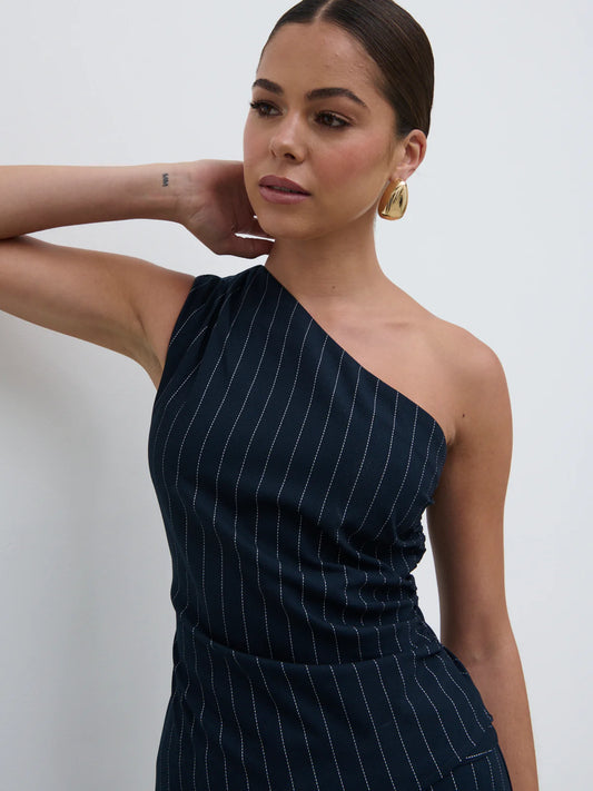 LORNA ONE SHOULDER RUCHED PINSTRIPE TOP
