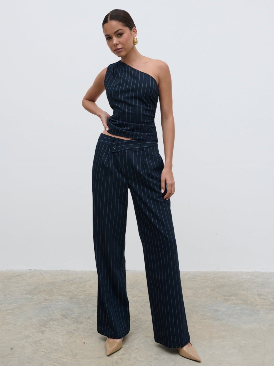 LORNA ONE SHOULDER RUCHED PINSTRIPE TOP