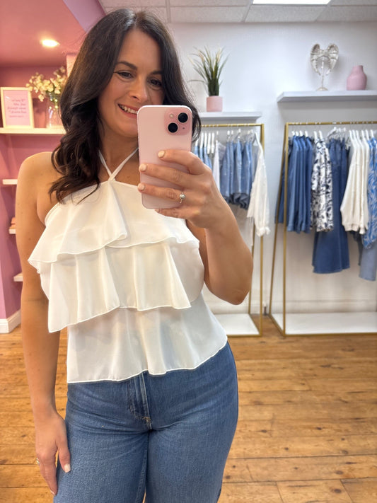WHITE HALTERNECK RUFFLE TOP