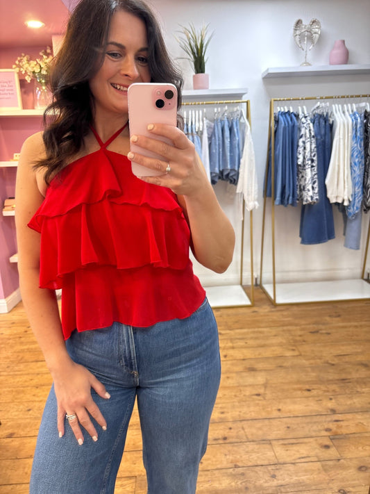 RED HALTERNECK RUFFLE TOP