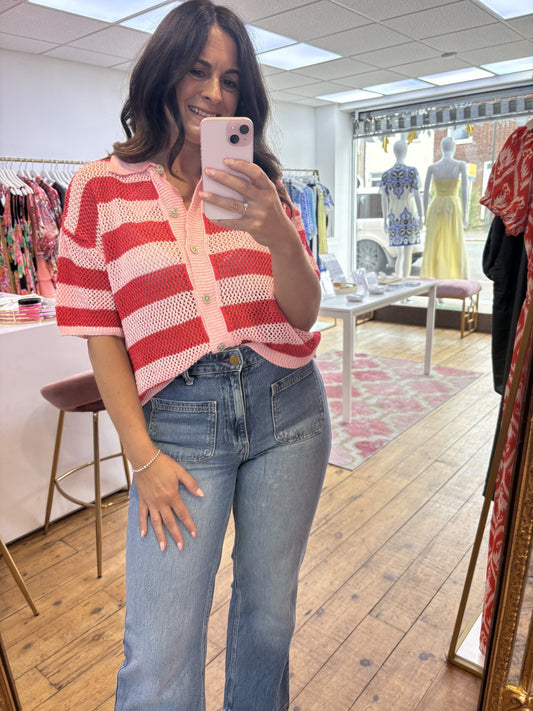 HANNAH FISHERMAN KNIT CARDI - RED & PINK