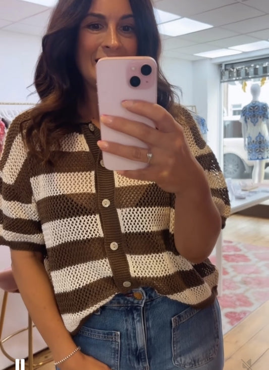 HANNAH FISHERMAN KNIT CARDI - BROWN & CREAM