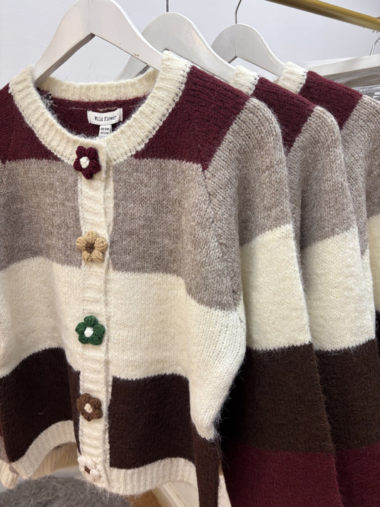 FLORA STRIPED FLOWER BUTTON CARDI