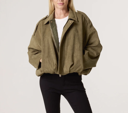 ZARA OLIVE SUEDE PUFFBALL BOMBER JACKET
