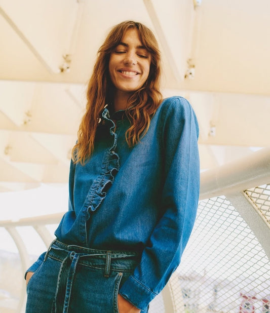 B.YOUNG FRILL NECK DENIM SHIRT