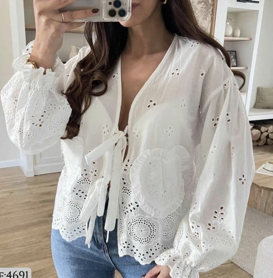 FRANKIE ANGLAISED EMBROIDERED TOP