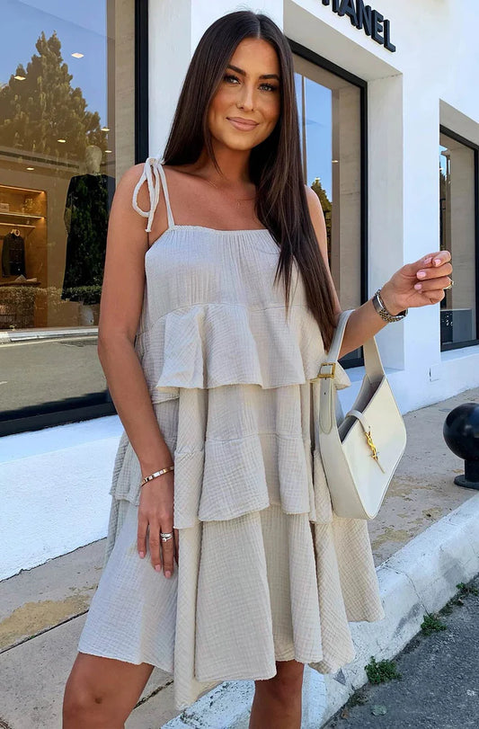 ANGELA PLAIN TIERED DRESS -STONE
