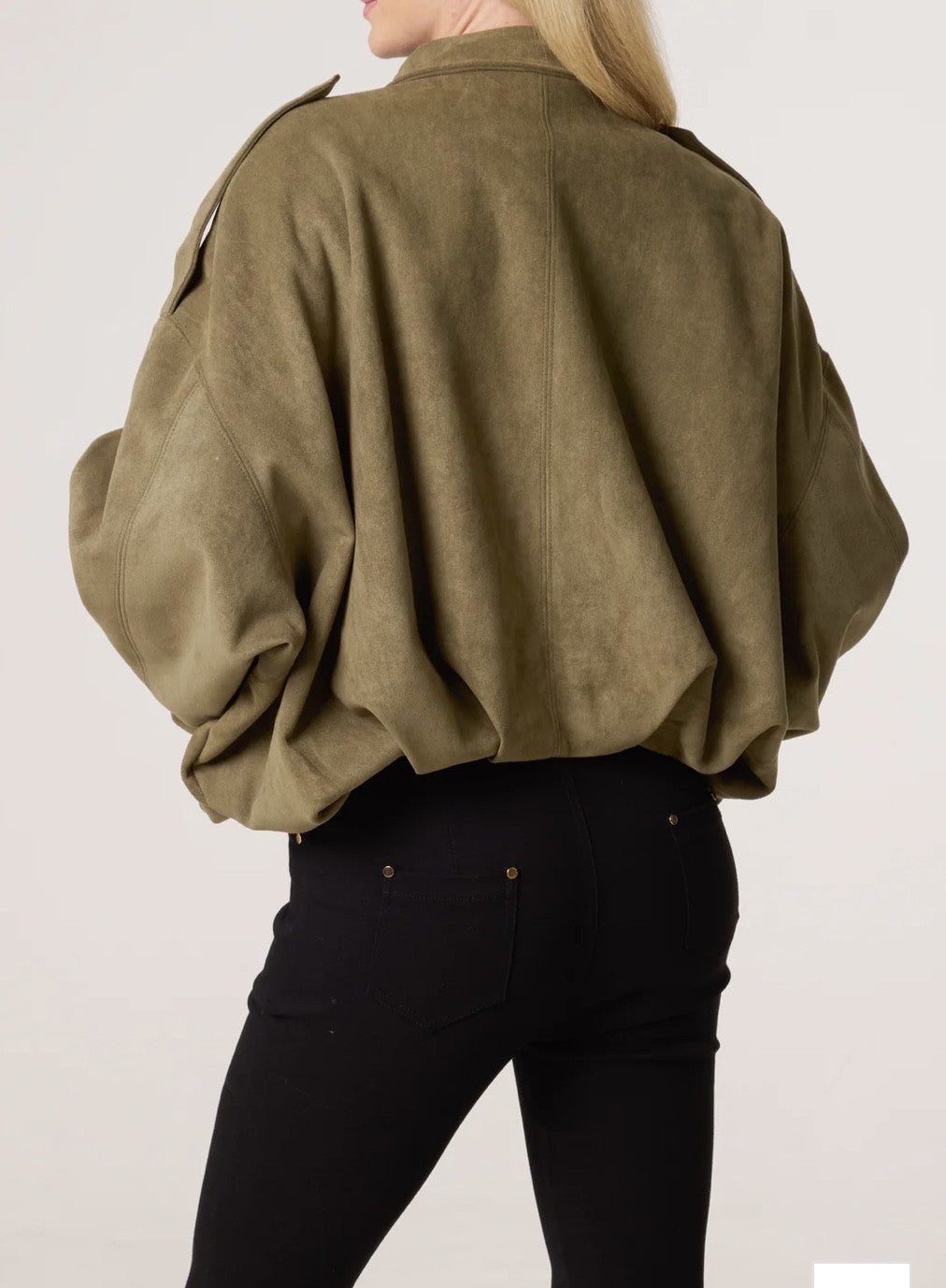 ZARA OLIVE SUEDE PUFFBALL BOMBER JACKET