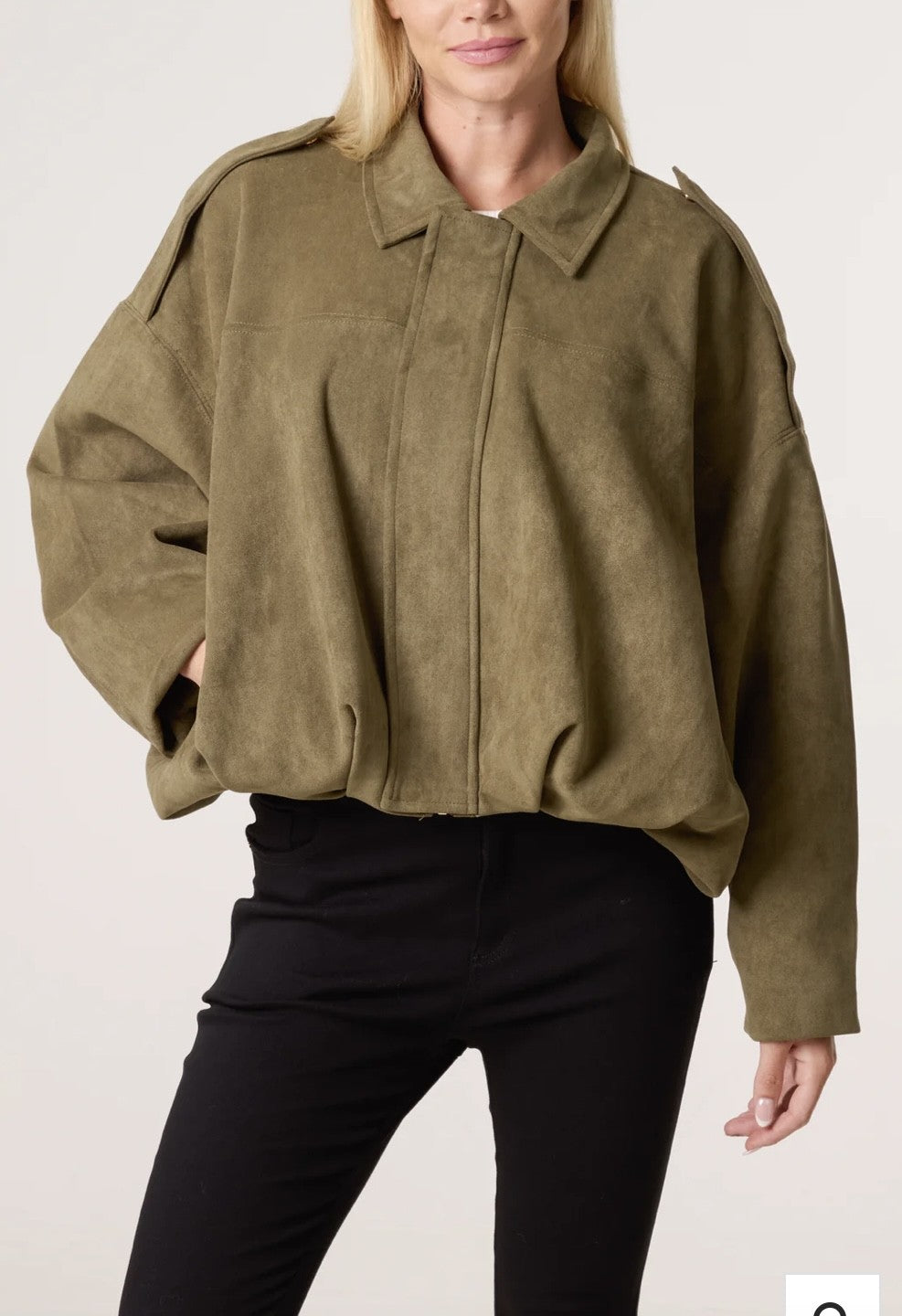 ZARA OLIVE SUEDE PUFFBALL BOMBER JACKET